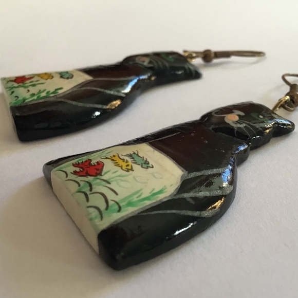 Vintage Cat Earrings Hand Painted Wood Feline Kitty - Picture 6 of 13